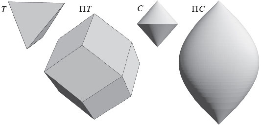 Projection Bodies of a Tetrahedron and a Double Cone